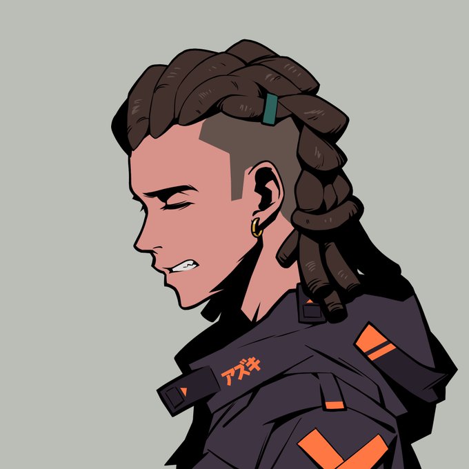 A stylized digital illustration shows a character in profile with braided hair, a gold hoop earring, and a dark jacket with orange accents, featuring Japanese katakana text reading 'アズキ' (Azuki).