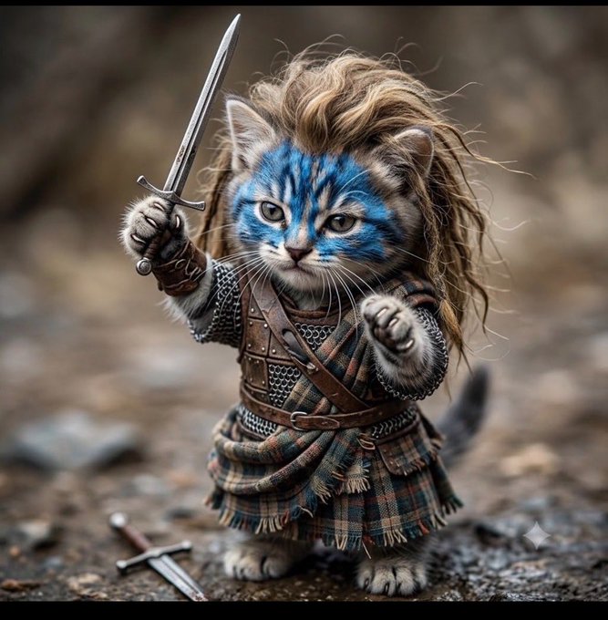A digital artwork of a small kitten dressed in a Scottish Highland warrior outfit, holding a sword and wearing blue war paint on its face.