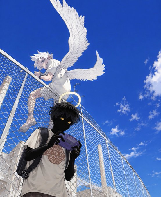 An anime illustration depicts a dark-skinned boy with a halo holding a purple camera while an angelic girl with white wings sits on a chain-link fence above him.
