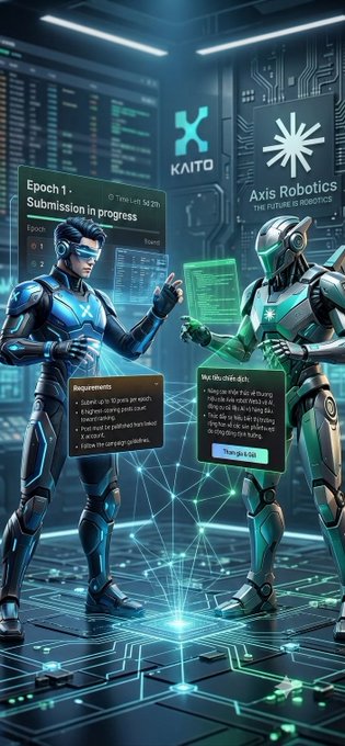 A futuristic sci-fi scene featuring two robotic figures in a high-tech facility with holographic displays showing 'KAITO', 'Axis Robotics', and 'Epoch 1: Submission in progress'.