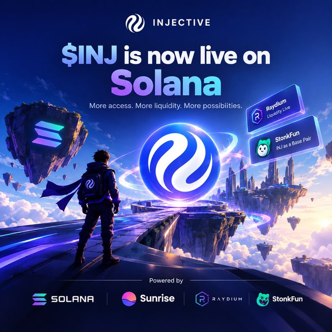 An Injective promotional image announcing '$INJ is now live on Solana' with the tagline 'More access. More liquidity. More possibilities,' featuring a sci-fi landscape and partnerships with Solana, Sunrise, Raydium, and StonkFun.