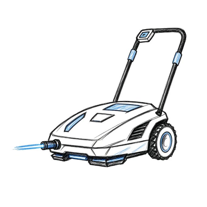 A hand-drawn sketch of a futuristic robotic lawn mower with a white body, blue accents, large rugged wheels, a tall handle with a display, and what appears to be a laser or water beam emitting from the front.
