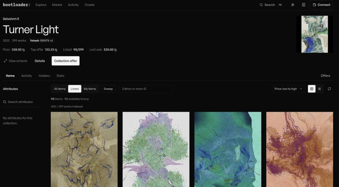 Bootloader NFT marketplace page showing the 'Turner Light' collection (2022, 299 works, fxlabs) with abstract nature-themed artwork listings and a floor price of 318.00 gΞ.