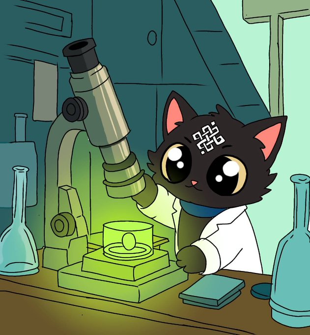 A cartoon illustration of a black cat with large eyes wearing a lab coat and a QR code on its forehead, looking through a green microscope at an egg in a laboratory setting.