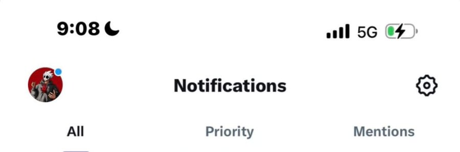A screenshot of a mobile phone's Notifications screen on what appears to be an iPhone, showing the time as 9:08 with 5G connectivity and a nearly full battery. The image displays a user's profile picture (a skull character), a settings gear icon, and navigation tabs for "All," "Priority," and "Mentions," suggesting the user is highlighting that iPhone/iOS is their preferred device for web3 activities.