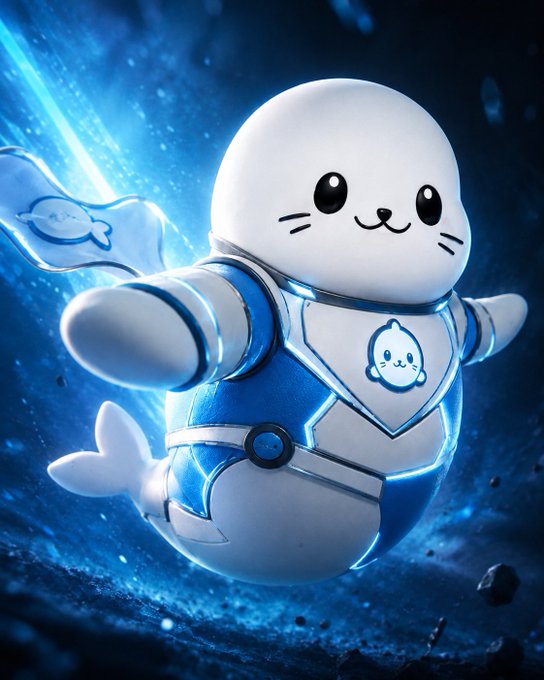 A 3D-rendered cute white seal character wearing a blue and white futuristic armored suit, posed heroically against a blue cosmic background with energy effects.