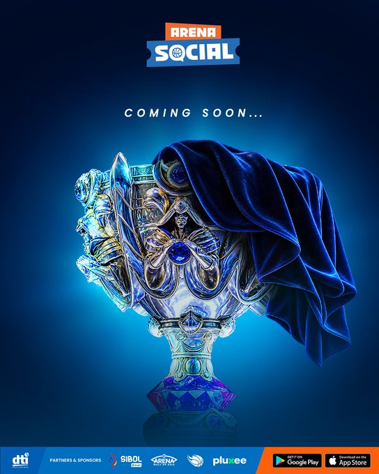 An advertisement for 'ARENA SOCIAL COMING SOON...' featuring a fantasy-style silver and blue trophy with a velvet cloth draped over it, along with sponsor logos including Google Play and App Store.