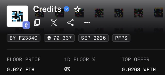 An NFT marketplace listing for 'Credits' showing a floor price of 0.027 ETH and a top offer of 0.0268 WETH.