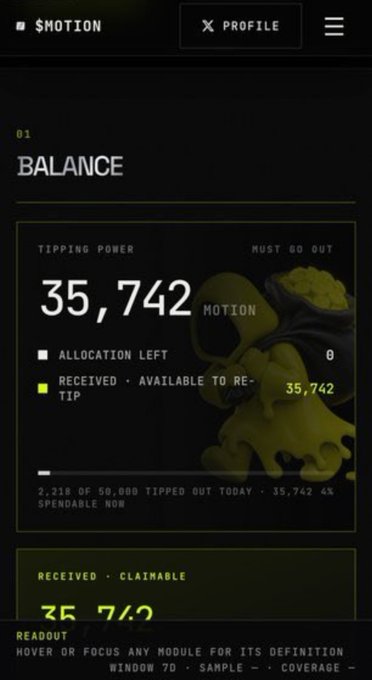 A dark-themed interface displaying a $MOTION token balance screen showing 'TIPPING POWER' of 35,742 $MOTION with 2,210 of 50,000 tipped out today.