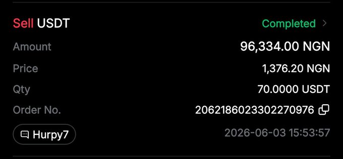 A photo or screenshot of a computer screen displaying an app interface with a price bar showing a value of 99.3,3,2,0,7,000,000 UDT, and two green numbers representing the purchase date and amount. The text reads, "Sell USDT", "completed", and "Order No.: 02602028362797".