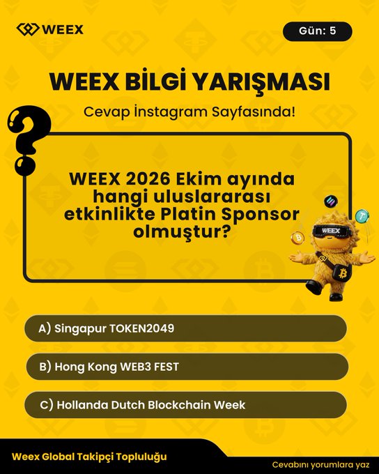 A yellow WEEX trivia contest poster in Turkish asking which international event WEEX was a Platinum Sponsor for in October 2026, with options A) Singapore TOKEN2049, B) Hong Kong WEB3 FEST, and C) Hollanda Dutch Blockchain Week.