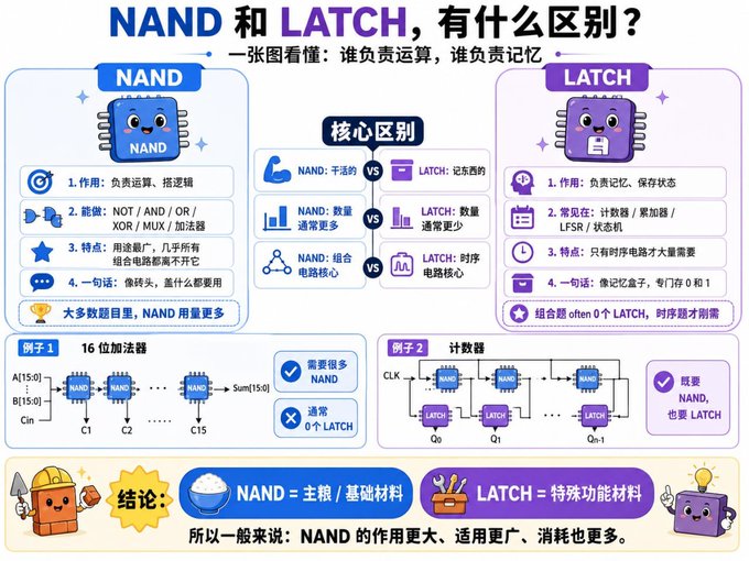 The image is a Chinese-language infographic titled "NAND 和 LATCH, 有什么区别？" (What's the difference between NAND and LATCH?), comparing the two digital logic components. It uses cartoon chip characters to explain that NAND gates handle active computation (NOT/AND/OR/XOR/MUX logic) while LATCHes handle memory/state, featuring examples like a 16-bit adder (NAND-heavy) and a counter (needing both NAND and LATCH). The accompanying post about tapeout and semiconductor economics doesn't directly relate to this content—the image focuses on fundamental digital circuit design rather than chip manufacturing economics.