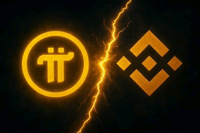 A golden Pi Network logo on the left and the Binance logo on the right are dramatically split apart by a crackling lightning bolt down the middle, symbolizing the highly anticipated and dramatic moment of Pi being listed on the Binance exchange.