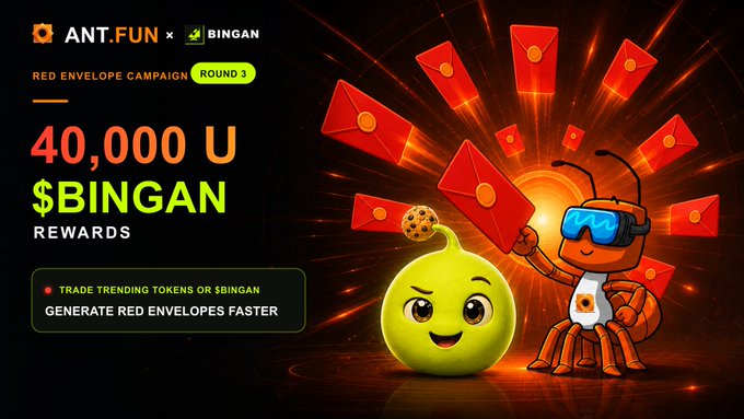 A promotional graphic for Round 3 of the ANT.FUN Red Envelope Campaign features a green ANT.FUN mascot and an ant character in VR goggles surrounded by flying red envelopes, advertising 40,000 U $BINGAN in rewards for trading trending tokens or $BINGAN.