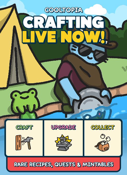 Cooltopia promotional graphic reading 'CRAFTING LIVE NOW!' featuring a panning cartoon character with sunglasses and a beard in a campsite setting, with options for CRAFT, UPGRADE, and COLLECT.