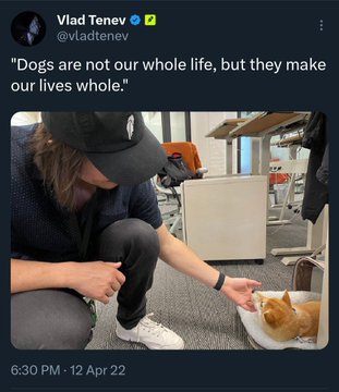 A tweet from Vlad Tenev (@vladtenev) quoting 'Dogs are not our whole life, but they make our lives whole,' showing a photo of a person petting an orange dog, dated 12 Apr 22.