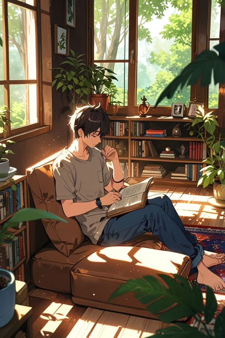 An anime-style illustration of a young man with dark hair relaxing on a brown sofa, reading a book in a sunlit, plant-filled room with large windows.
