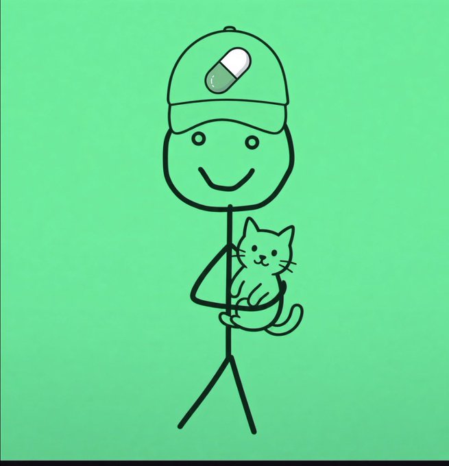 A simple line drawing of a smiling stick figure wearing a green baseball cap with a pill design, holding a cat, set against a solid light green background.