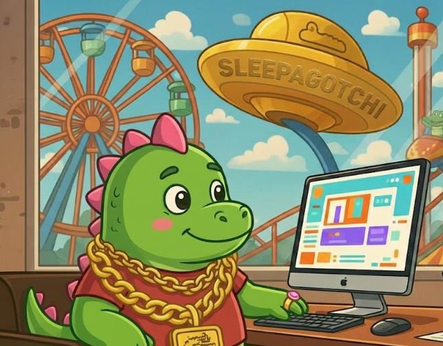 A cartoon green dinosaur wearing a gold chain sits at a desktop computer, with a ferris wheel and a "SLEEPAGOTCHI" sign in the background, illustrating the tweet's point about how the Sleepagotchi ecosystem uses user data and behavior to learn from participants rather than just drive engagement metrics.