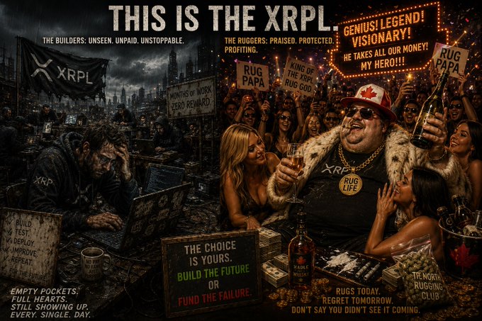 The image is a dramatic, split-scene illustration captioned "THIS IS THE XRPL," contrasting weathered XRP developers ("The Builders: Unseen, Unpaid, Unstoppable") toiling over code on the left with a flashy figure wearing a "RUG LIFE" gold chain and a Canadian flag cap being celebrated by a crowd holding "RUG PAPA" signs ("The Ruggers: Praised, Protected, Profiting") on the right. Prominent text reads "GENIUS! LEGEND! VISIONARY! HE TAKES ALL OUR MONEY, MY HERO!!!" alongside the warning "THE CHOICE IS YOURS. BUILD THE FUTURE OR FUND THE FAILURE," reinforcing the post's message that genuine builders are overshadowed by rug-pull promoters within the XRP community.