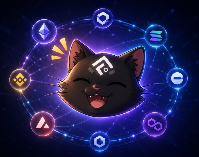 A cute cartoon black cat with an 'F' logo on its forehead, smiling joyfully, surrounded by a glowing circular arrangement of various cryptocurrency logos.