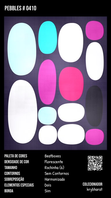A color palette poster titled 'PEBBLES # 0410' displays a collection of teal, pink, white, and black oval shapes with metadata listing details like 'Fluorescente' color density and 'Rochinha (6)' size.