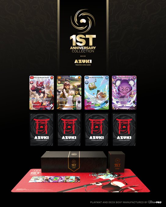 Promotional poster for the Azuki 1st Anniversary Collection trading card game, featuring four cards, deck boxes, and a playmat manufactured by Ultra PRO.