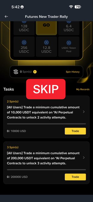 A mobile app screen titled 'Futures New Trader Rally' showing tasks requiring 10,000 and 200,000 USDT trading volumes on AI Perpetual Contracts to unlock spin attempts, with a red 'SKIP' button overlay.