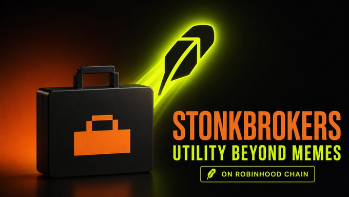 A promotional banner for 'STONKBROKERS' with the tagline 'UTILITY BEYOND MEMES' and 'ON ROBINHOOD CHAIN', featuring a black briefcase with an orange toolbox icon and a glowing green rocket symbol.