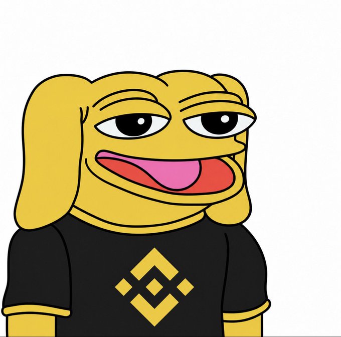 A cartoon illustration of a yellow frog-like character with droopy eyes and an open mouth, wearing a black t-shirt with a yellow Binance logo on the front.
