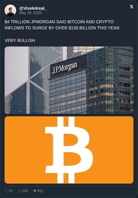 The image shows a Jp Morgan ad, with an orange Bitcoin symbol on top of it. Below the ad, there's a Twitter post featuring a screenshot from a meme about Bitcoin. The meme portrays a building labeled "JPMorgan" along with the Bitcoin symbol and text saying that $130 billion is expected to inflow into Bitcoin this year.