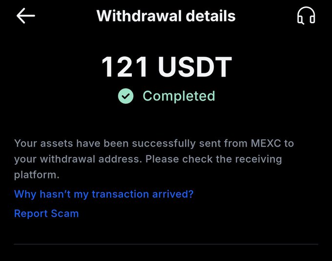 The image shows a MEXC "Withdrawal details" screen confirming a completed transaction of 121 USDT sent to a withdrawal address, serving as proof of the $100 giveaway plus $20 extra promised in the post.