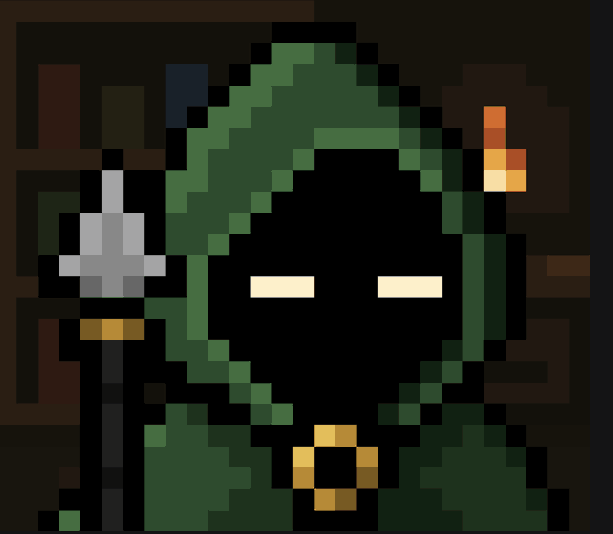 Pixel art of a dark, hooded figure in green holding a glowing staff, with blank glowing eyes.