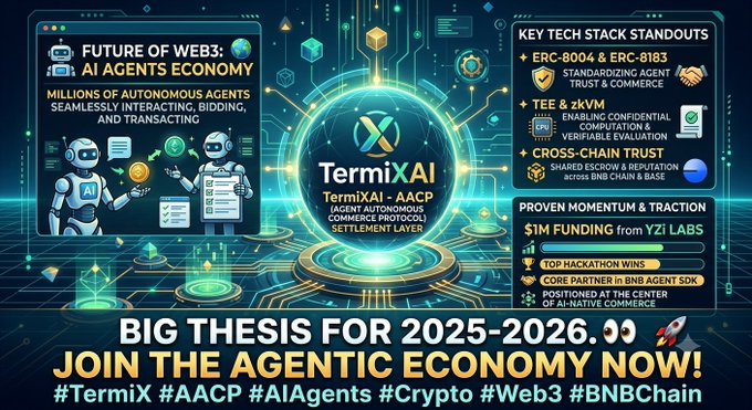 A promotional graphic for 'TermixAI' advertises the 'Future of Web3: AI Agents Economy' with text highlighting 'Big Thesis for 2025-2026' and listing key tech standouts like ERC-8004 and TEE & zkVM.