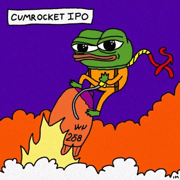 The image features a cartoon frog wearing an orange suit and riding a rocket ship with the number "258" displayed on its side. The frog appears to be flying through space, possibly on a mission or adventure. The background of the image is purple, which complements the overall color scheme of the illustration. The post includes text that reads " Cummings Ipo" and "WVU 257", suggesting that this artwork was created by an artist named @Darkfarms1 for the website cc0toshi_com.
