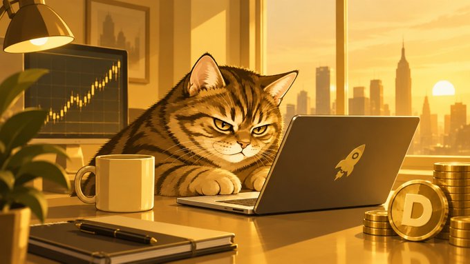 An illustrated tabby cat sits at a desk using a laptop with a rocket logo, with Dogecoin coins stacked nearby and a city skyline at sunset in the background.