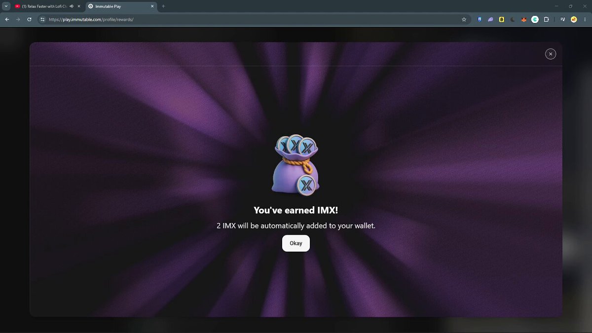 The image shows a computer screen with a message that reads "You're earned an IMAX token". The background of the image is purple, which adds to the overall visual appeal of the scene. The text "FREE IMX" suggests that there might be a free download or access code for an IMAX movie in the image. The post also mentions a wheel spin, possibly related to gaming or a similar online activity.