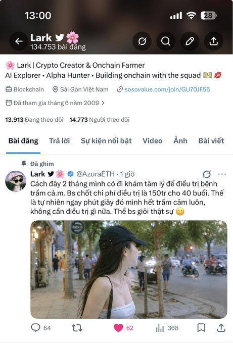 The image shows a social media post with a woman wearing a hat, standing near a street corner. She appears to be looking at something or someone off-camera. The post includes text that reads "Lark v. crypto creator & onchain farmer with the squad". There are also several other posts in the image, including one about pig and another about a post by @quipnetwork NFT.