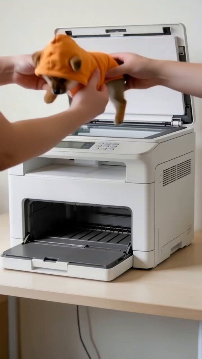 A white printer with a black door, open and displaying an orange shirt inside of it.
