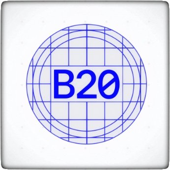 Blue blueprint-style logo showing "B20" inside a circle on a grid background.