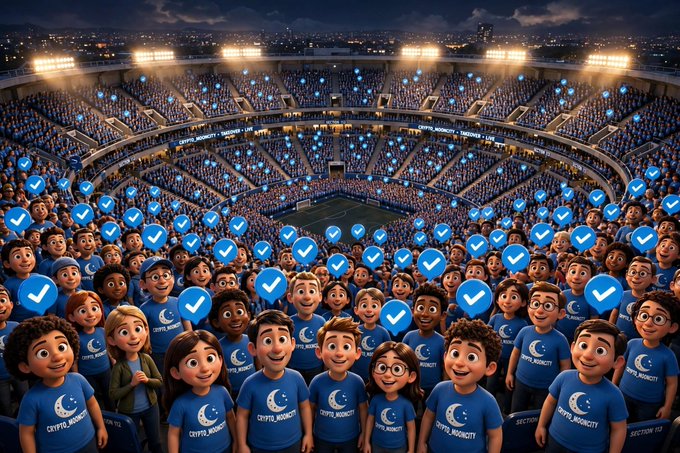 An illustrated crowd of cartoon fans wearing blue 'CRYPTO_NIGHT' t-shirts fill a stadium at night, with blue verified checkmark icons floating above them.