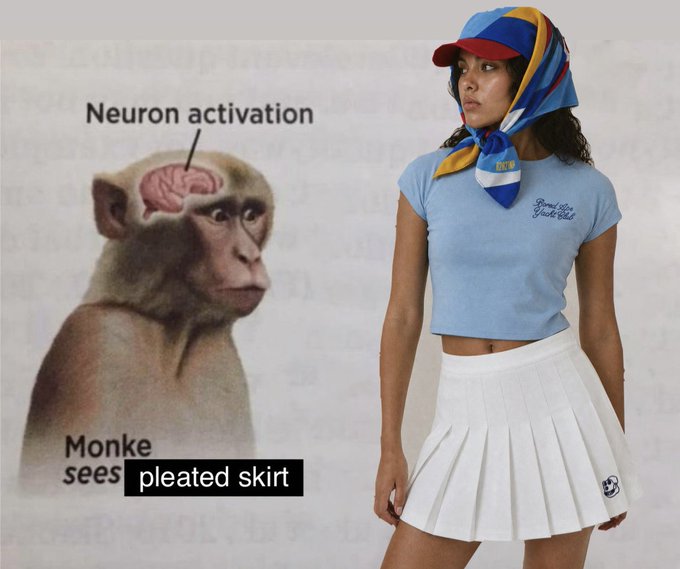 A "Monkey sees" meme showing a monkey with a highlighted brain labeled "Neuron activation" reacting to a woman wearing a light blue crop top, colorful headscarf, and white pleated skirt.