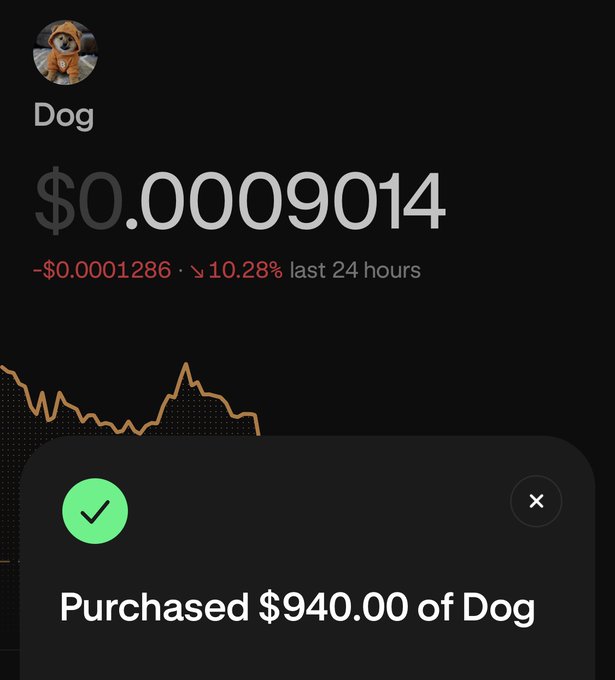 A Robinhood-style cryptocurrency app screen showing "Dog" token priced at $0.0009014, down 10.28% in the last 24 hours, with a confirmation popup stating "Purchased $940.00 of Dog".