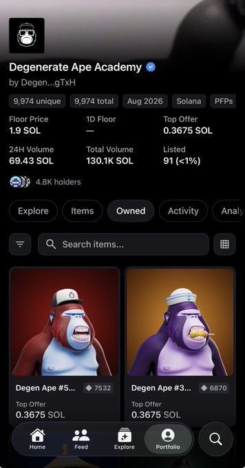 A mobile screenshot of the 'Degenerate Ape Academy' NFT collection showing stats like '9,974 unique', 'Floor Price 1.9 SOL', 'Top Offer 0.3675 SOL', and displaying Degen Ape NFTs.