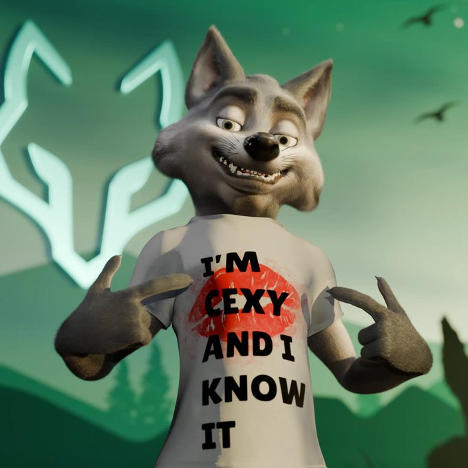 A cartoon wolf with a smug grin points proudly to its white t-shirt reading "I'M CEXY AND I KNOW IT" in bold black letters over a red circle, with stylized antlers and a teal sky in the background—a playful nod to the post's "wolfies on @wolfswapdotapp" crypto project.
