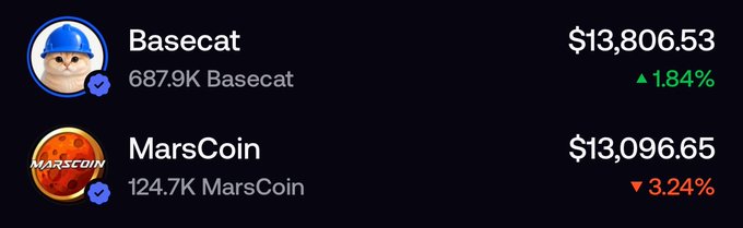 A cryptocurrency listing showing "Basecat" at $13,806.53 (up 1.84%, 687.9K holders) and "MarsCoin" at $13,096.65 (down 3.24%, 124.7K holders) with verified checkmarks next to their cat-themed icons.