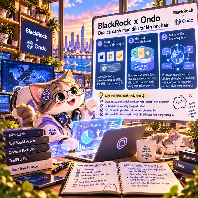 Colorful AI-generated promotional graphic for "BlackRock x Ondo" featuring an anthropomorphic cat with glasses and headphones, displaying information about "Tokenized Portfolio" and on-chain access to assets, with text in Vietnamese.