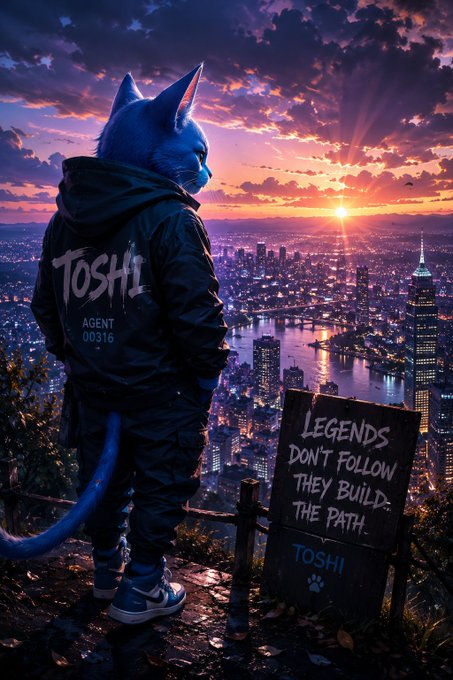 A digital fantasy artwork showing a cat-like humanoid figure from behind wearing a jacket labeled 'TOSHI AGENT 00316', overlooking a cityscape at sunset, with a sign reading 'Legends don't follow they build the path.'