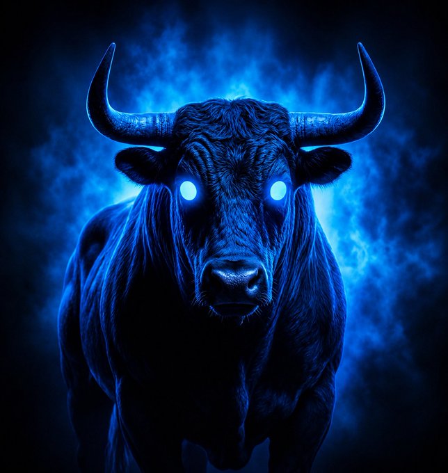 A powerful black bull with glowing blue eyes and horns stands against a backdrop of swirling blue smoke, embodying the "Blue Bull" branding and bullish energy referenced in the post about the $ENSAM token on Solana.