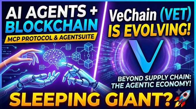 Thumbnail-style graphic about 'AI AGENTS + BLOCKCHAIN' and 'VeChain (VET) IS EVOLVING!' with text 'SLEEPING GIANT?' and references to MCP Protocol and Agentic Economy.